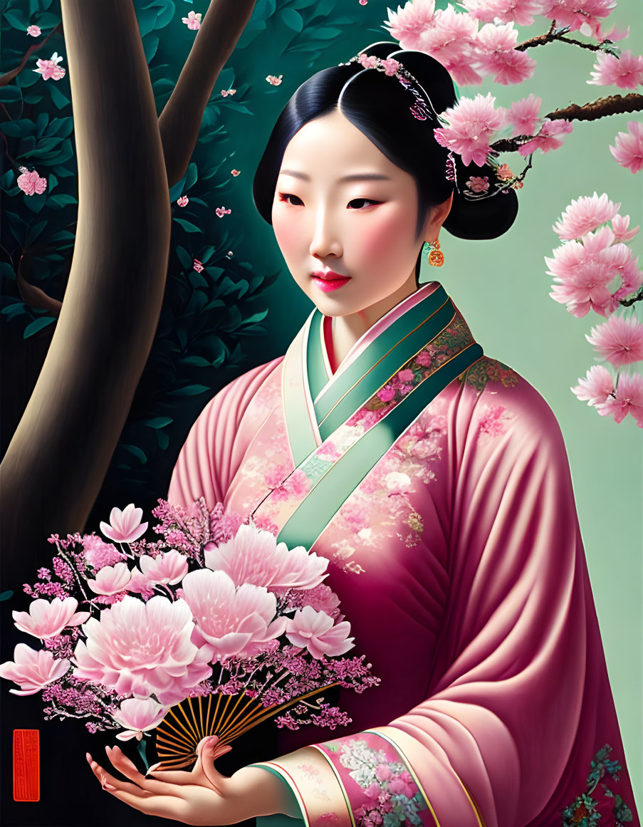 Woman in Pink Kimono Holding Flower Fan with Cherry Blossom Tree