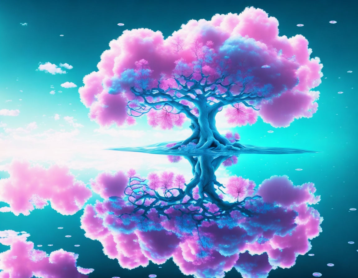 Fantasy tree digital artwork with pink foliage reflected on water