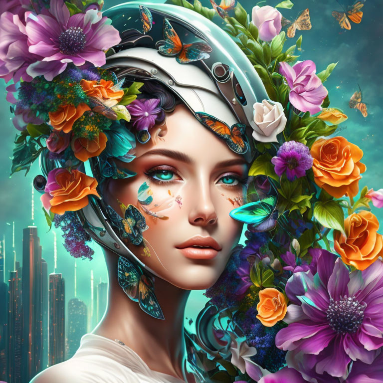 Woman with Floral and Mechanical Headdress in Surreal Cityscape