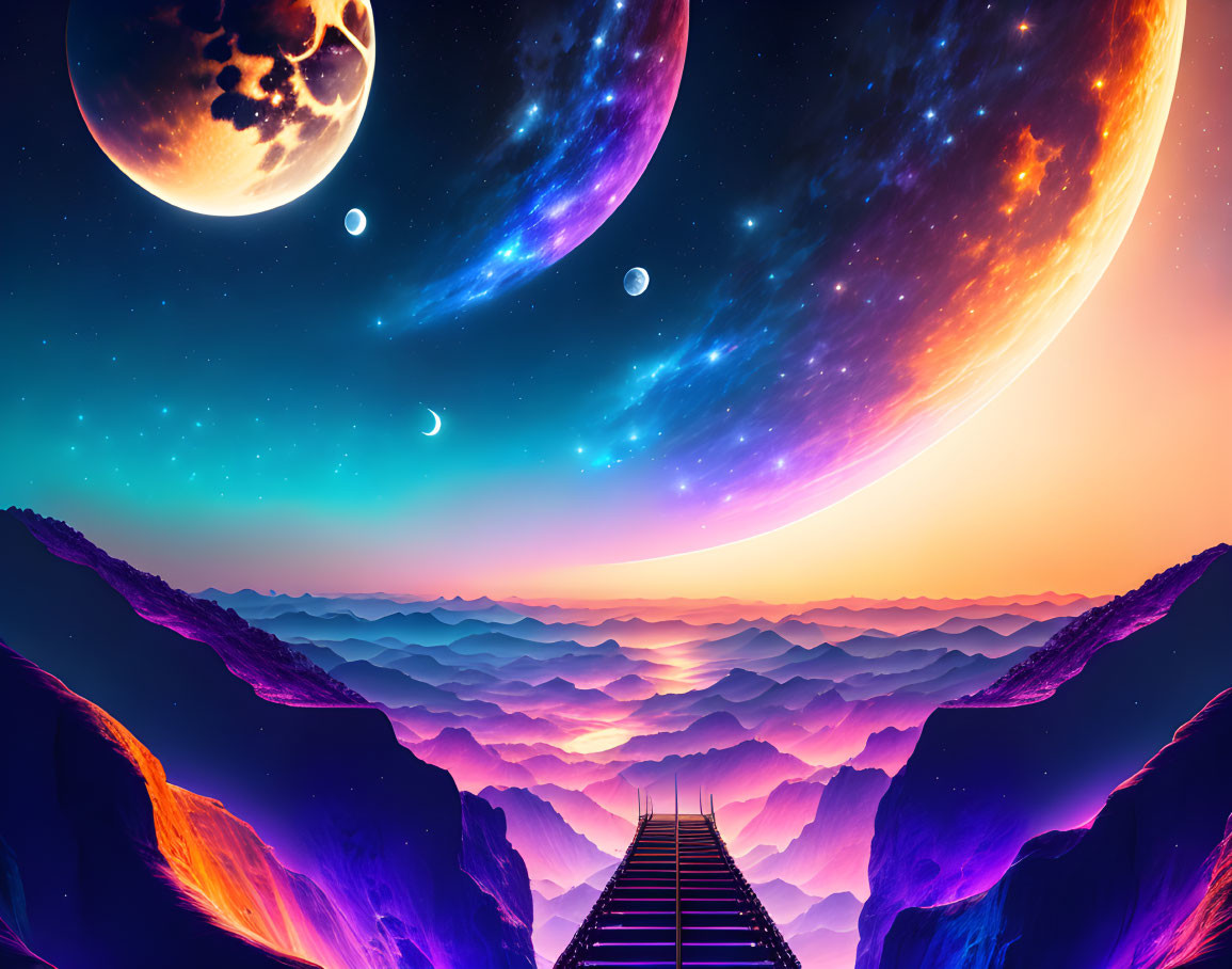 Digital Art Landscape: Wooden Bridge, Layered Mountains, Moons & Planets