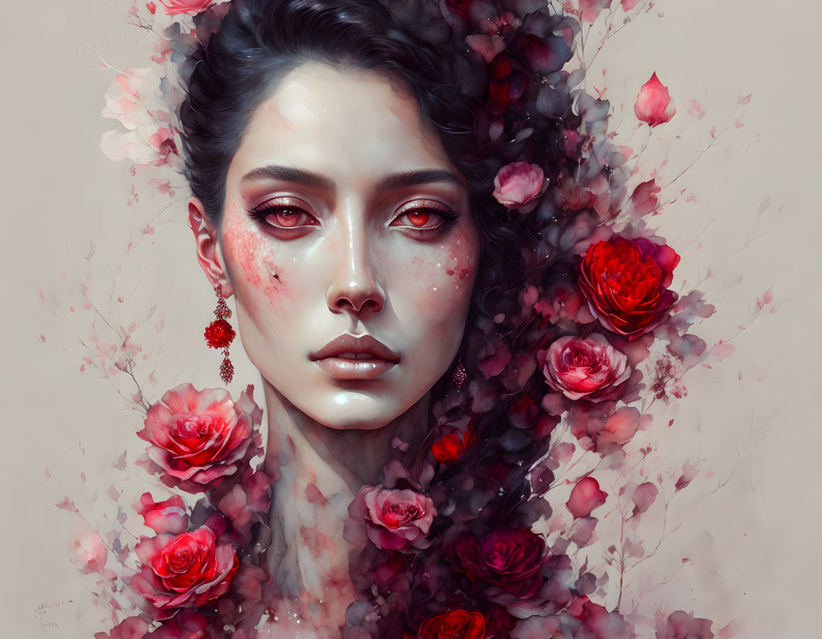 Illustrated portrait of woman with red eyes & blooming roses.