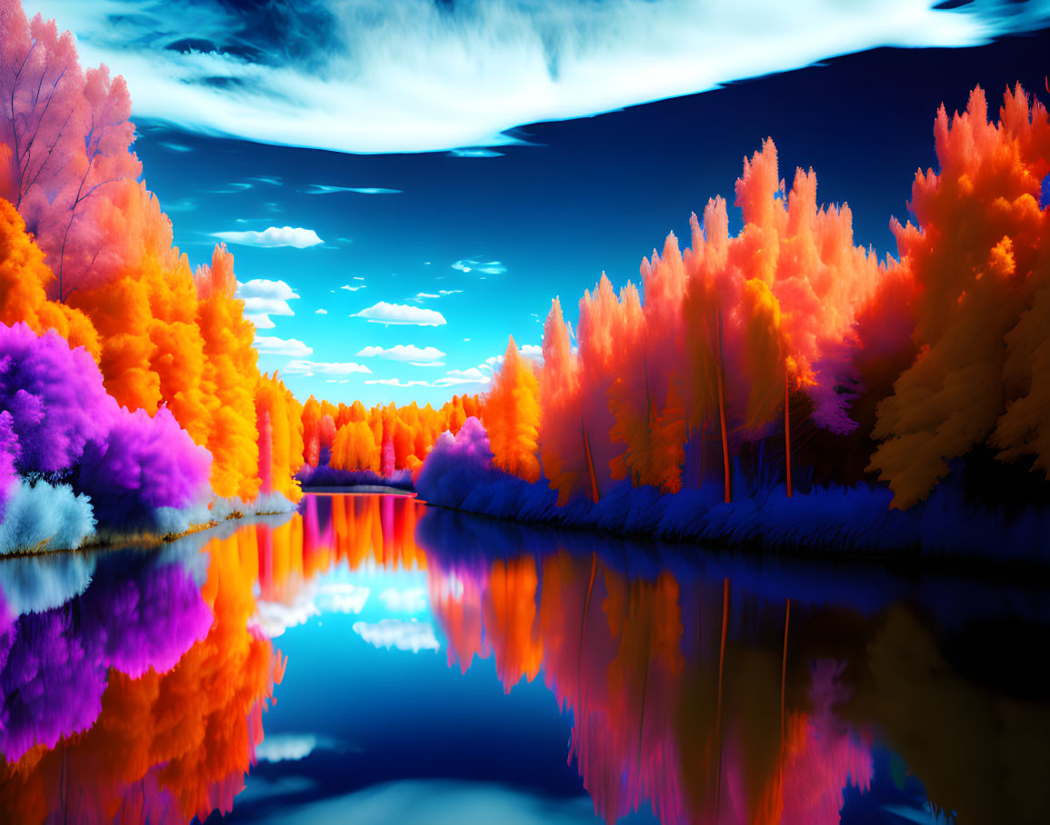 Colorful surreal landscape with vibrant trees and calm river under blue sky