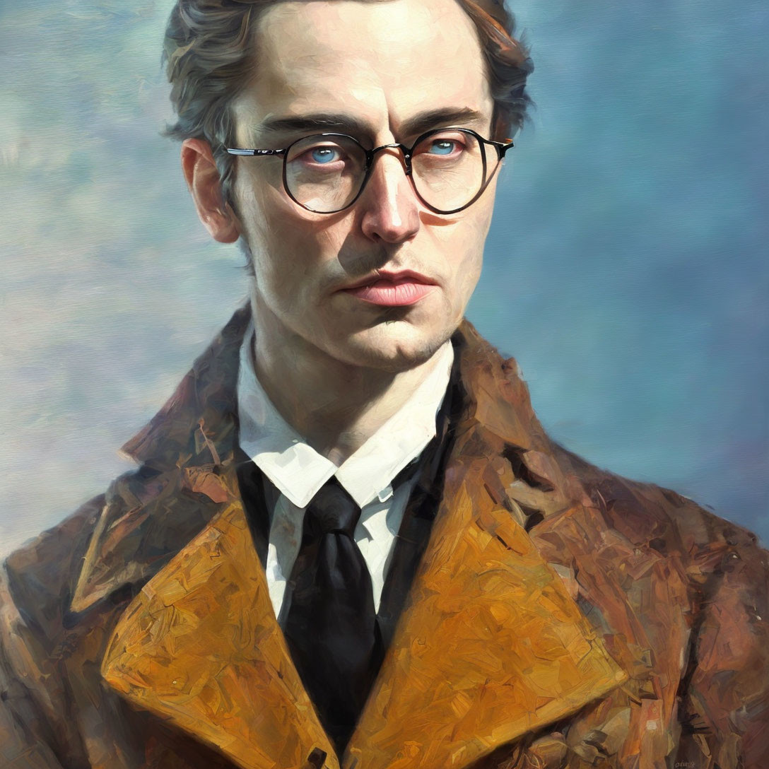 Pensive man with glasses in white shirt and brown coat portrait.