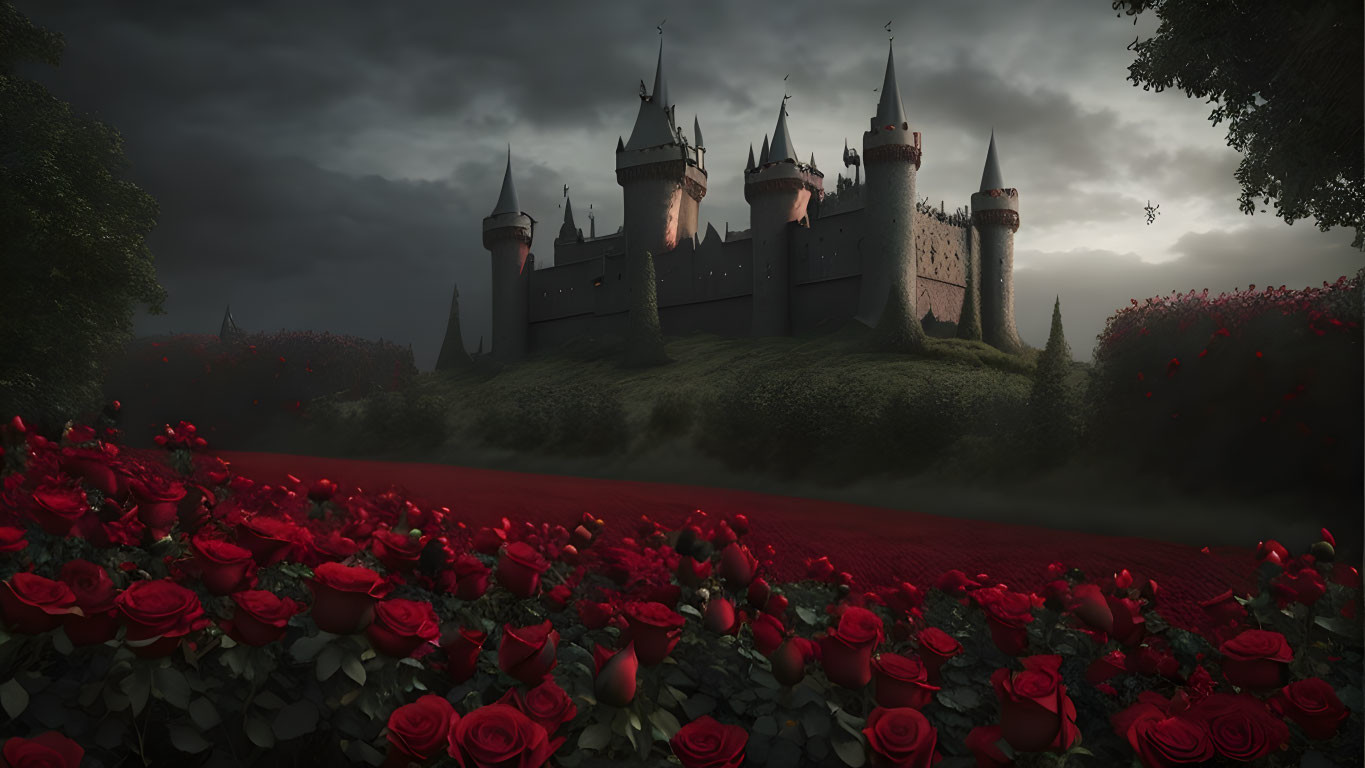 Gothic castle in dark atmosphere with red roses and path