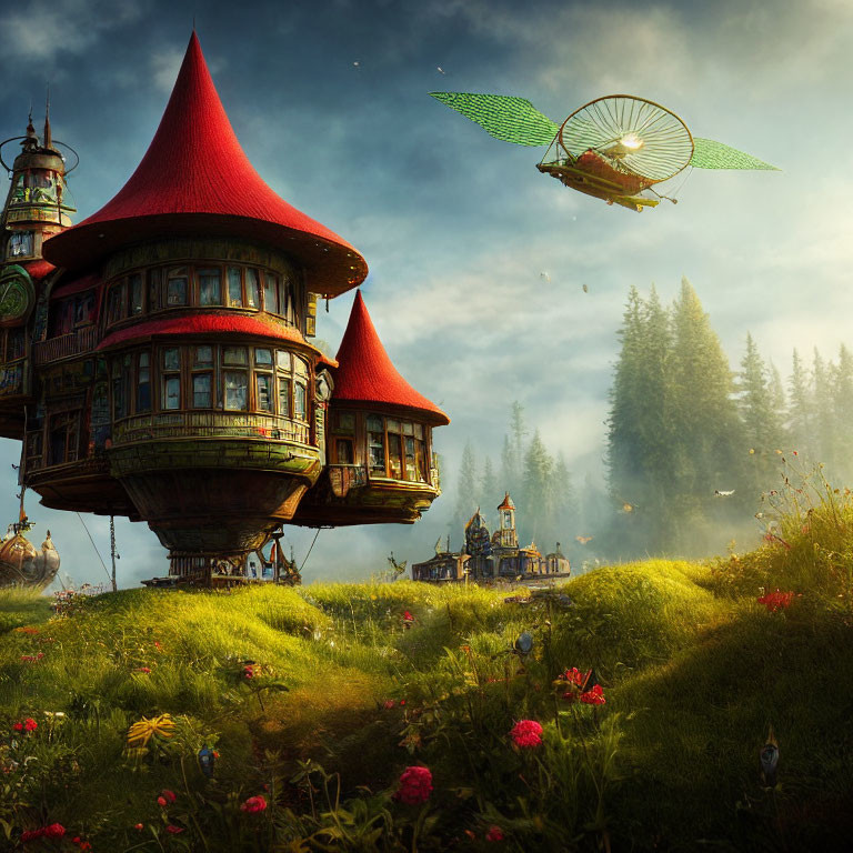 Floating house with red roofs in lush green meadow, flying machine above, figures on ground