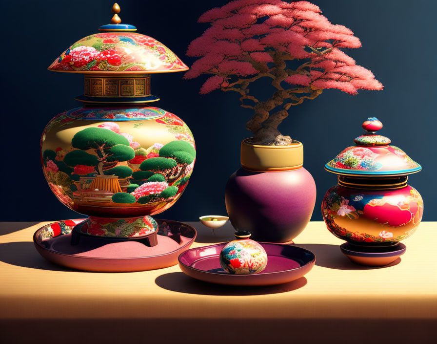 Traditional Asian Porcelain Vases and Bowls with Bonsai Tree on Dark Background