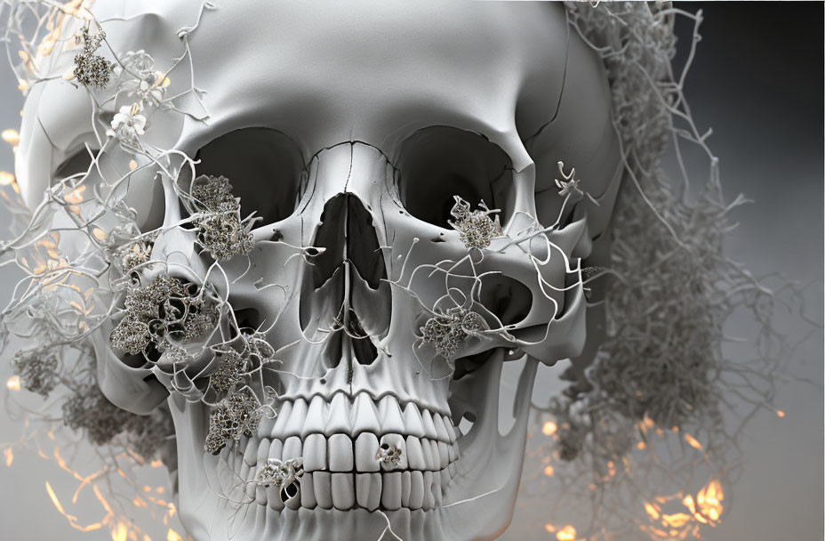 Detailed 3D human skull with silver branches on soft background