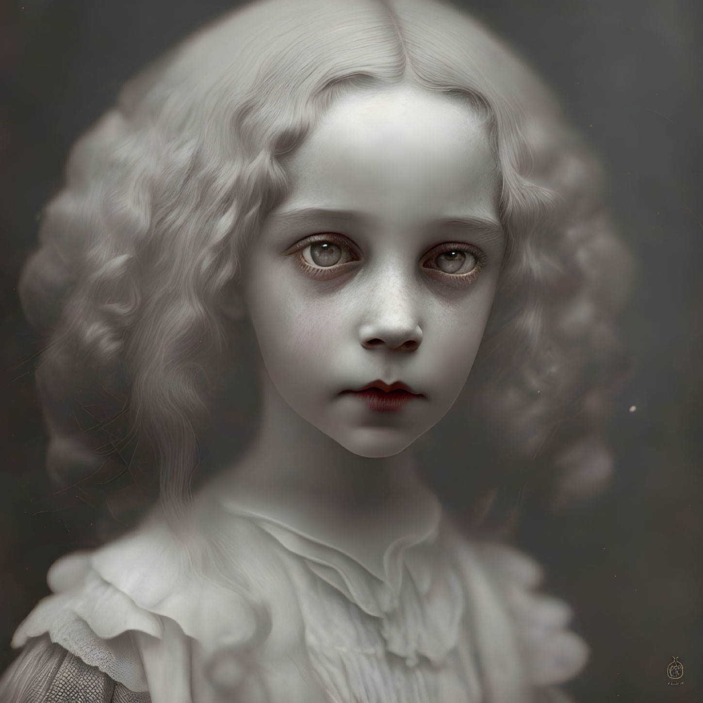 Pale girl with curly hair, large eyes, and red lips portrait on muted background