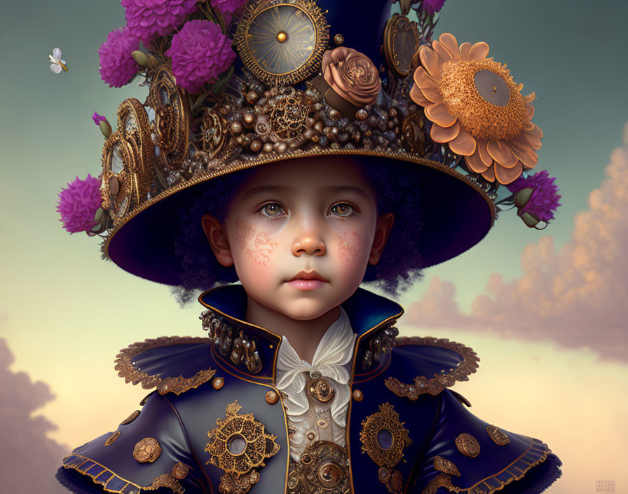 Child in steampunk hat and ornate navy jacket with golden details