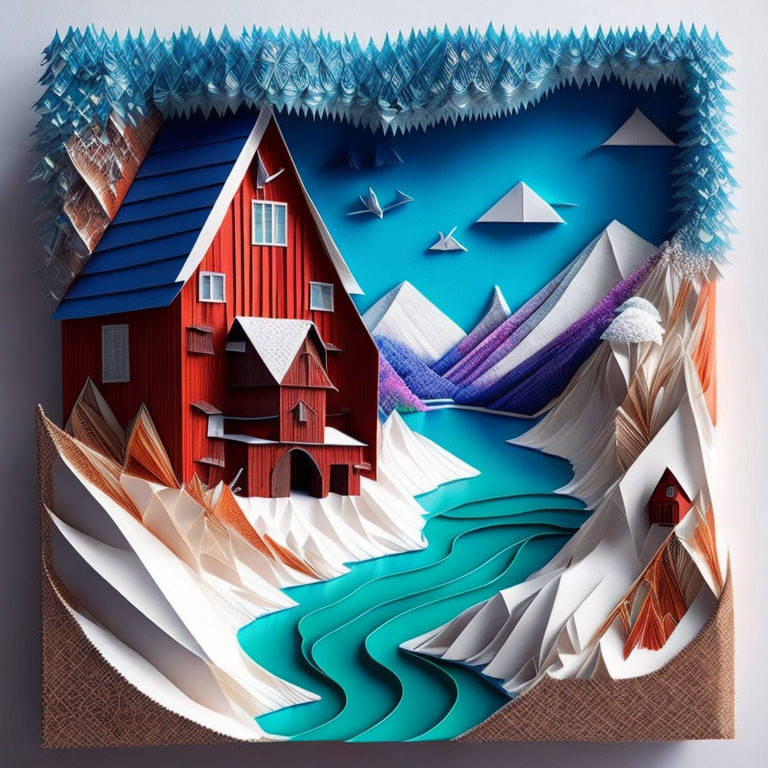 Colorful 3D Paper Art Style Landscape with Red House and Blue River