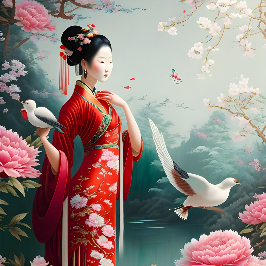 Traditional East Asian attire woman surrounded by blooming flowers and birds