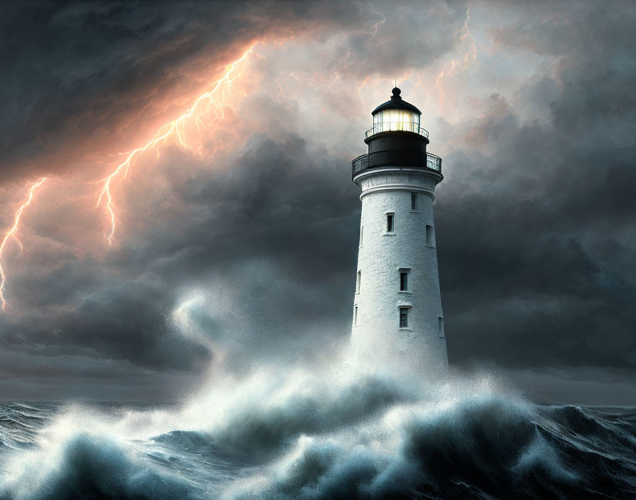 Lighthouse enduring stormy seas with crashing waves and dramatic lightning.