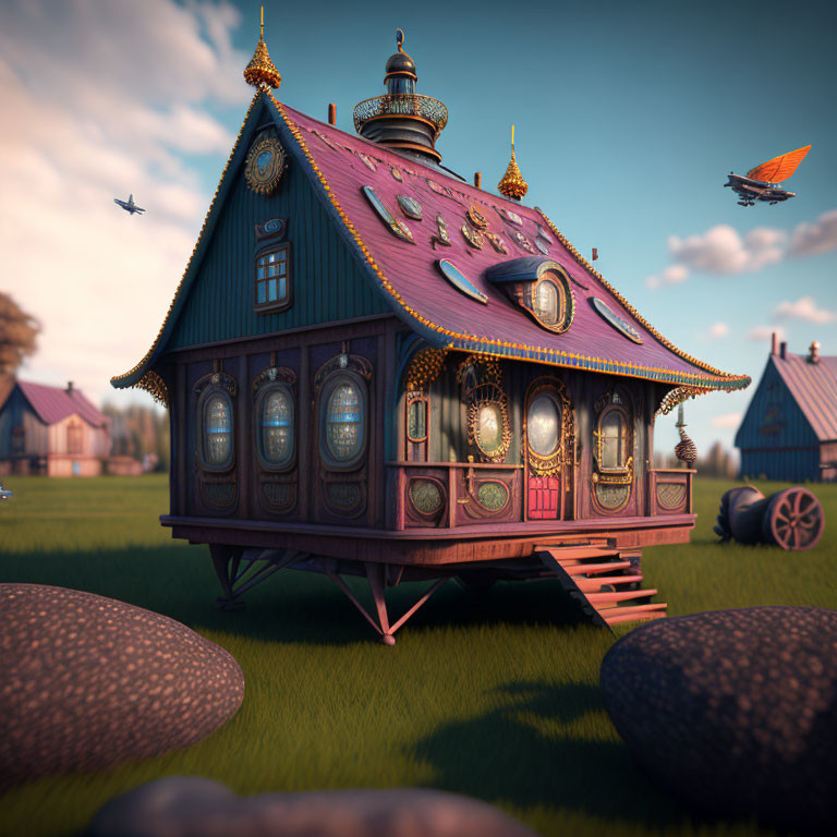 Whimsical purple house with round windows and airships in sunset sky