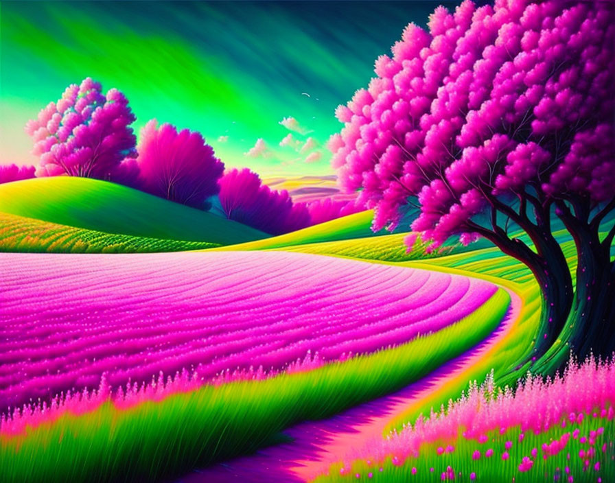 Colorful surreal landscape: pink trees, purple fields, neon green sky