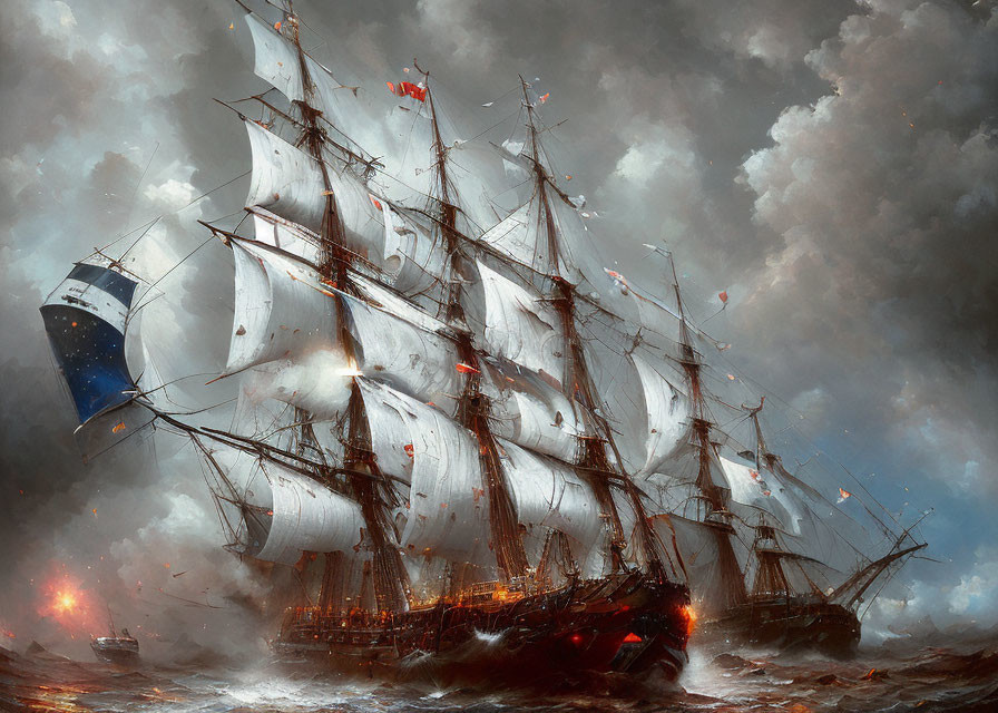 Majestic tall ship battles stormy seas with billowing sails