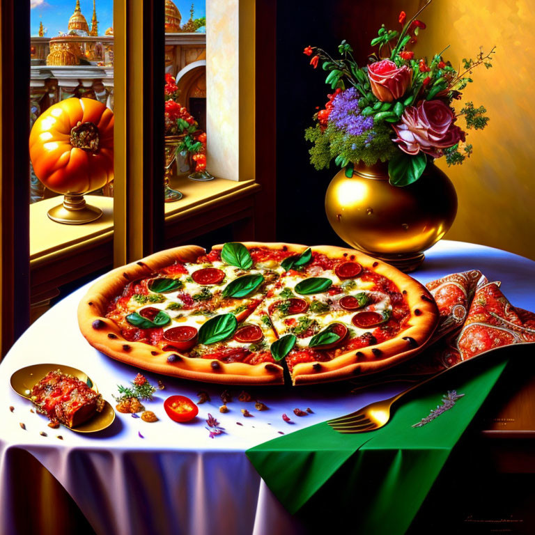 Colorful Still Life Featuring Pizza, Bouquet, Meats, Pepper, and Building