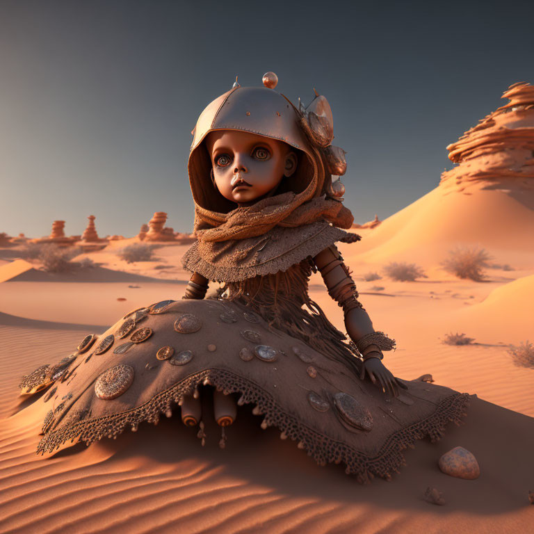 Doll-like figure in desert with helmet, cloak, and goggles among sand dunes and rock formations