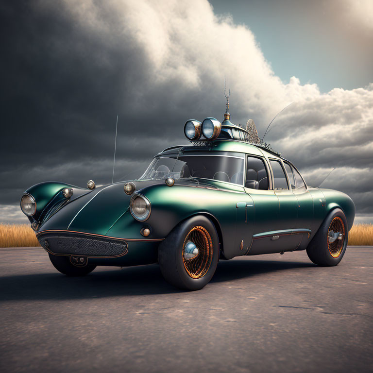 Vintage Car with Dark Green Body, Orange Rims, and Extra Lights on Cloudy Background