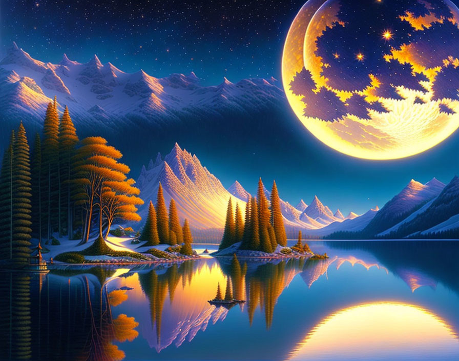 Tranquil moonlit lake with mountains, stars, pine trees, and boat