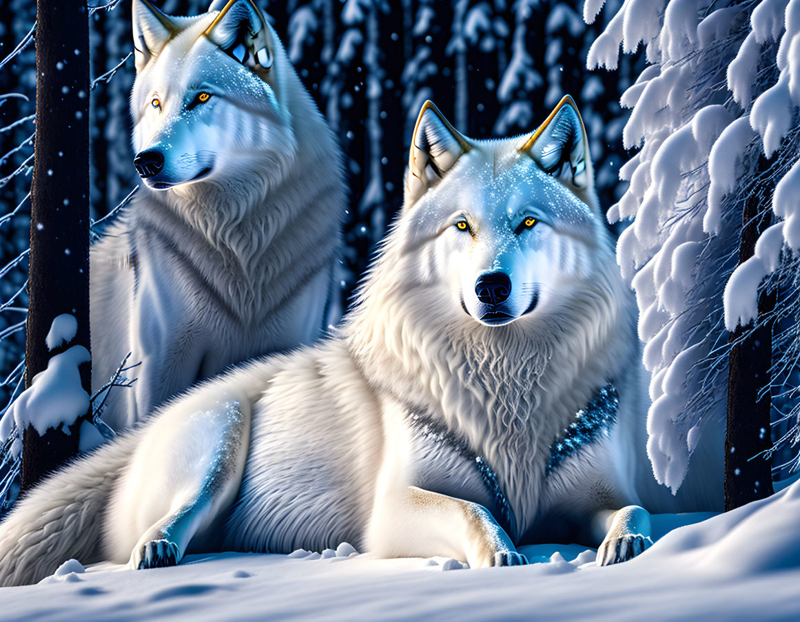 Digital art: White wolves with blue eyes in snowy forest landscape