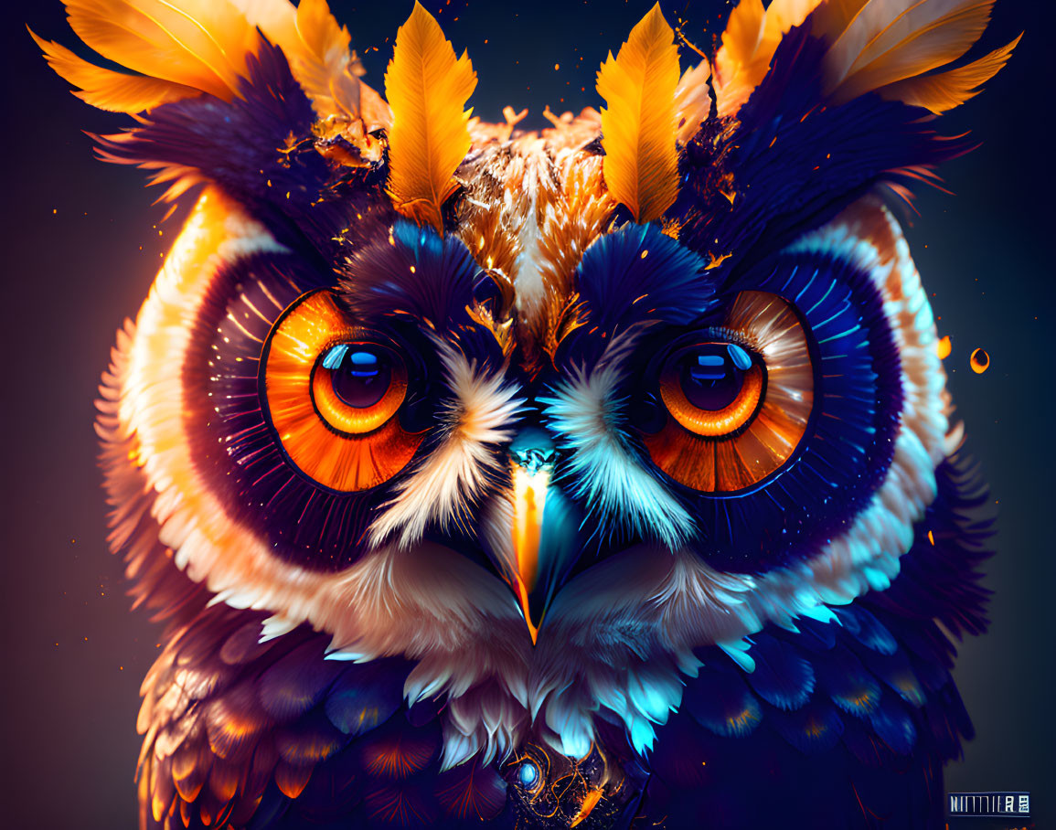 Colorful Digital Artwork: Owl with Orange Eyes and Intricate Feathers