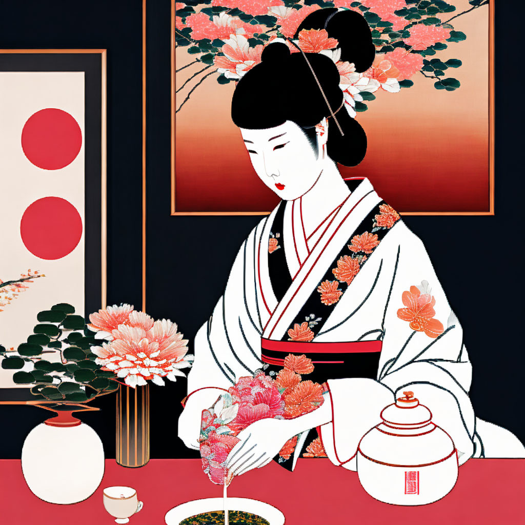 Japanese Woodblock Print: Woman in Kimono Making Tea