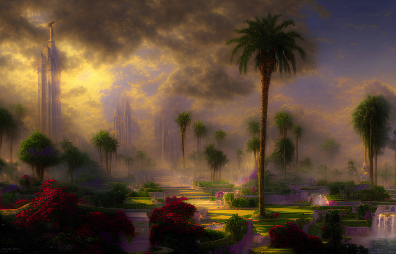 Fantasy landscape at dusk with gardens, waterfalls, spires, palm trees, and cloudy sky