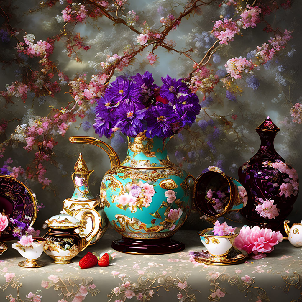 Ornate tea set with turquoise vase, purple flowers, cherry blossoms, and strawberries on reflective