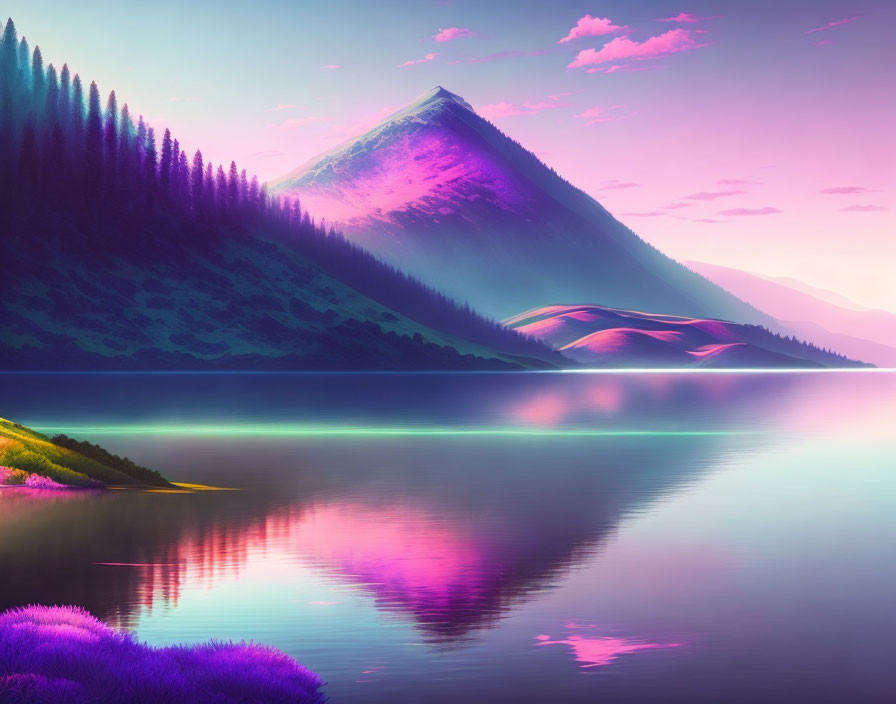 Colorful digital artwork of serene lake, purple mountain, and vibrant flora under gradient sky