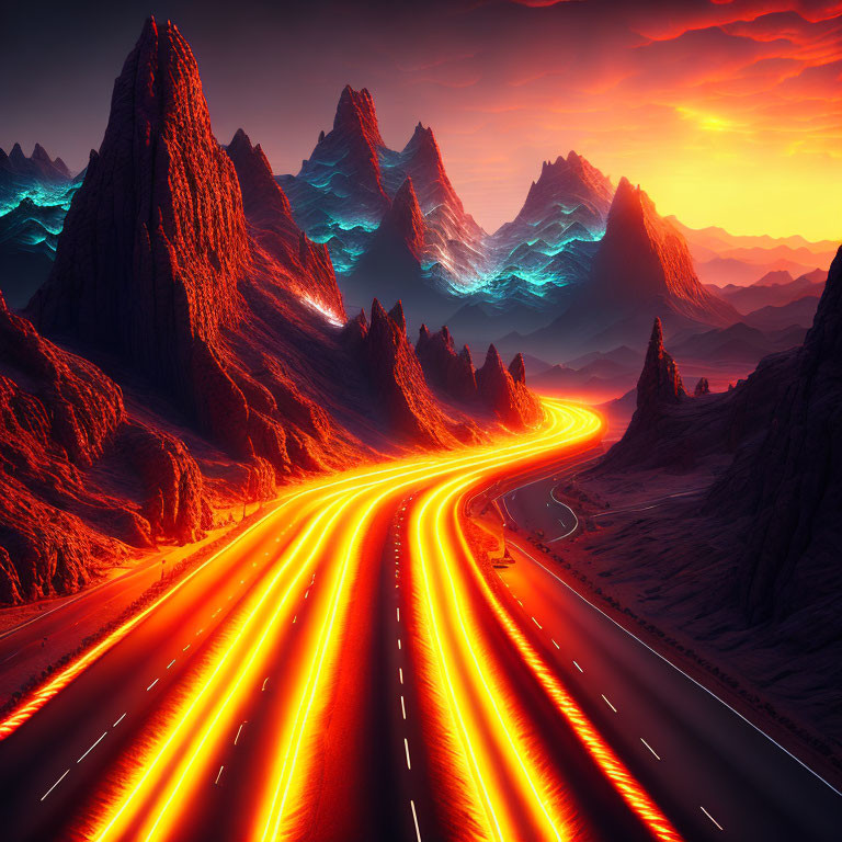 Surreal landscape with vibrant light trails on winding road and towering red mountains