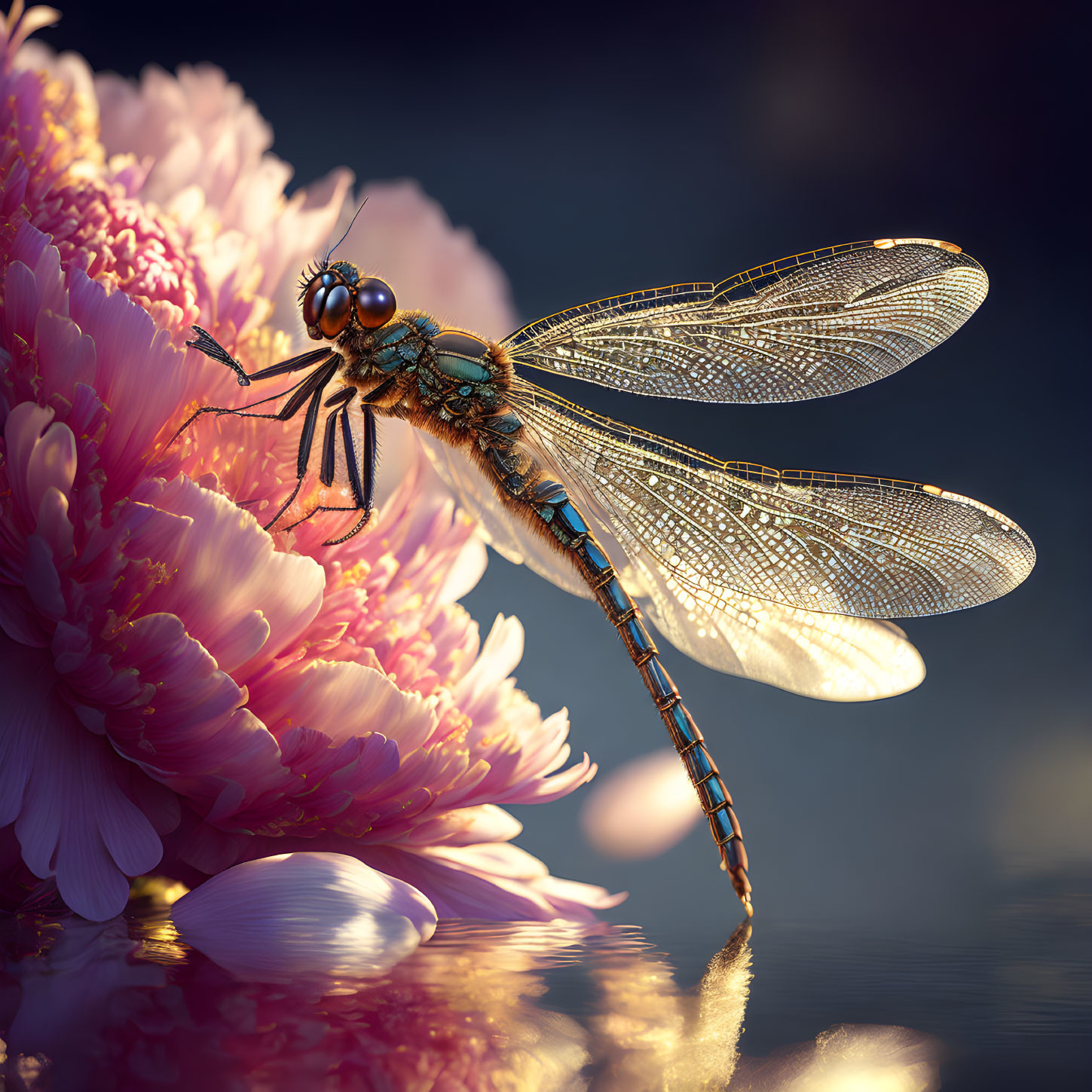 Dragonfly perched on pink chrysanthemum with shimmering wings on dark background