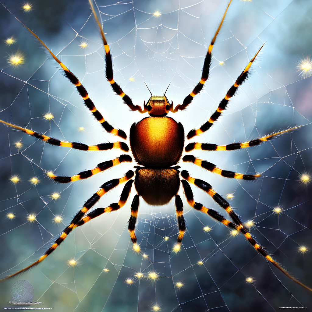 Detailed Spider Illustration with Orange and Black Striped Legs on Bokeh Background