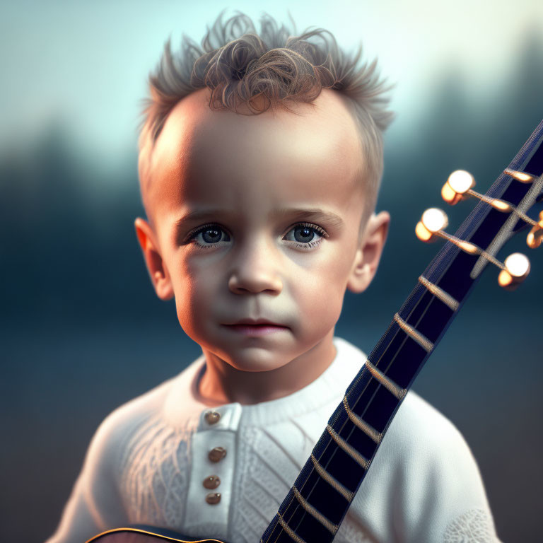 Curly-Haired Child Holding Guitar in Forest Setting