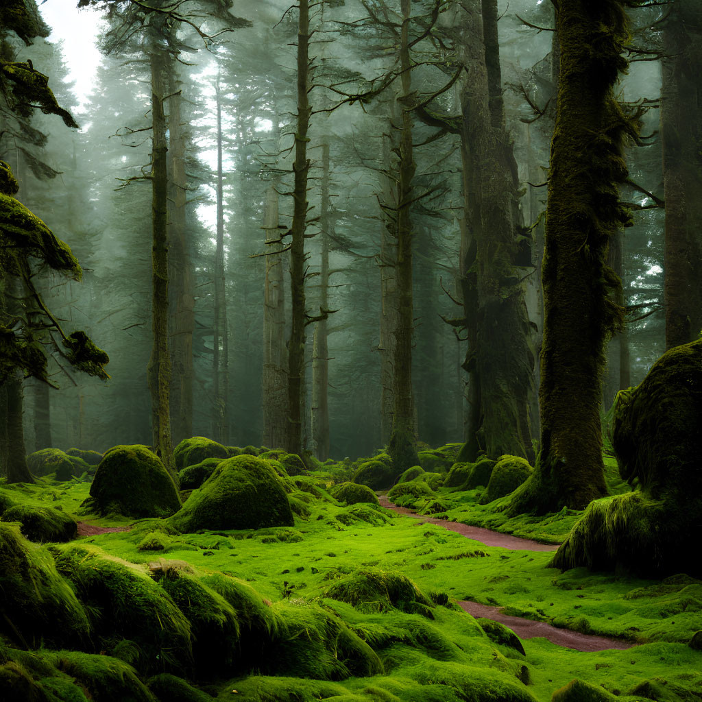 Moss-Covered Forest Path Through Towering Trees