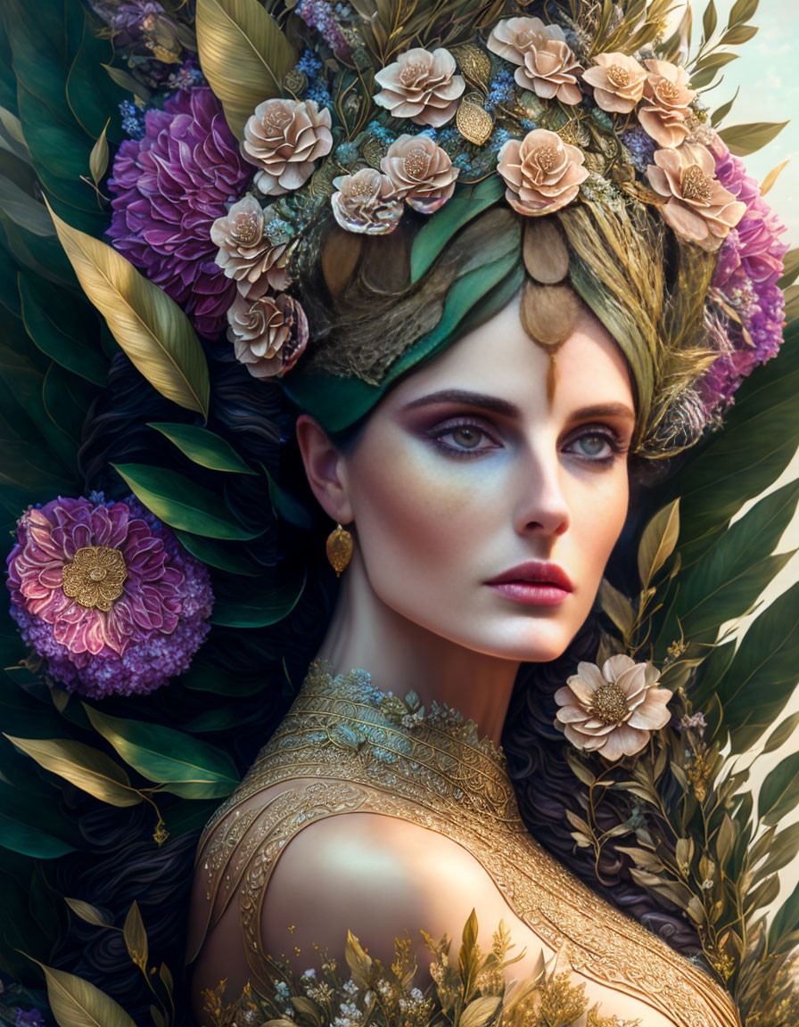 Portrait of Woman with Striking Green Eyes and Floral Crown