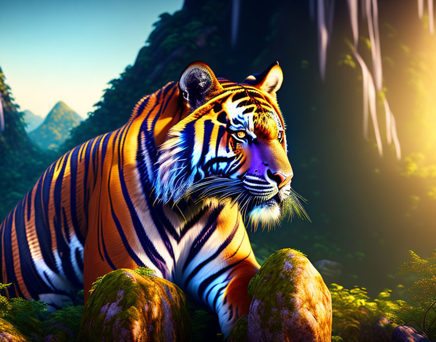 Majestic tiger resting in lush forest with waterfall in background