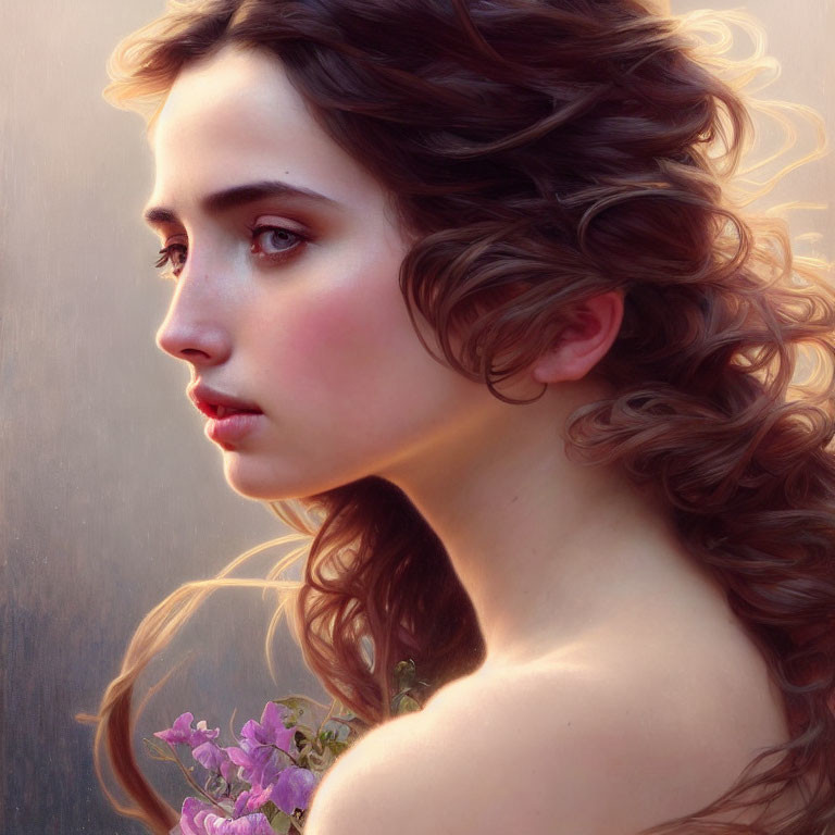 Digital painting of woman with flowing curly hair holding purple flowers