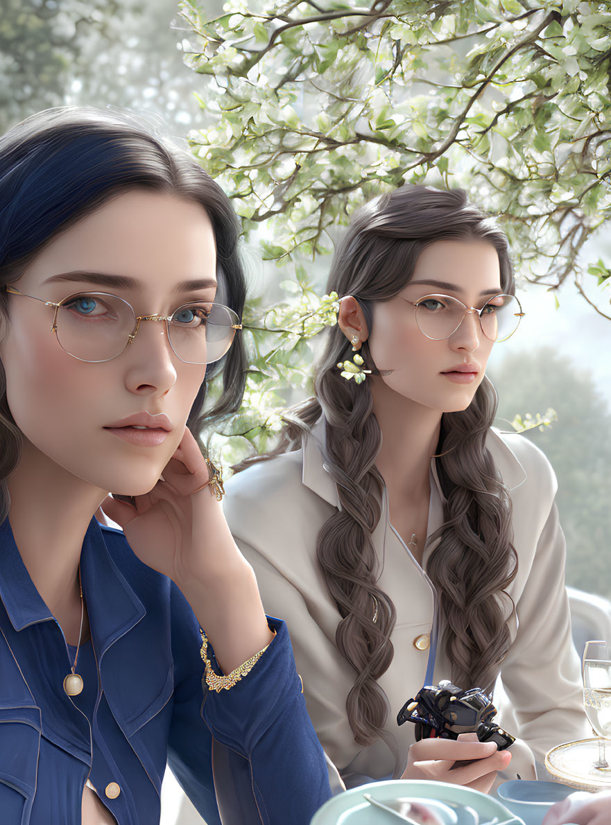 Two women with blue and golden-brown hair sitting outdoors in contemplative poses