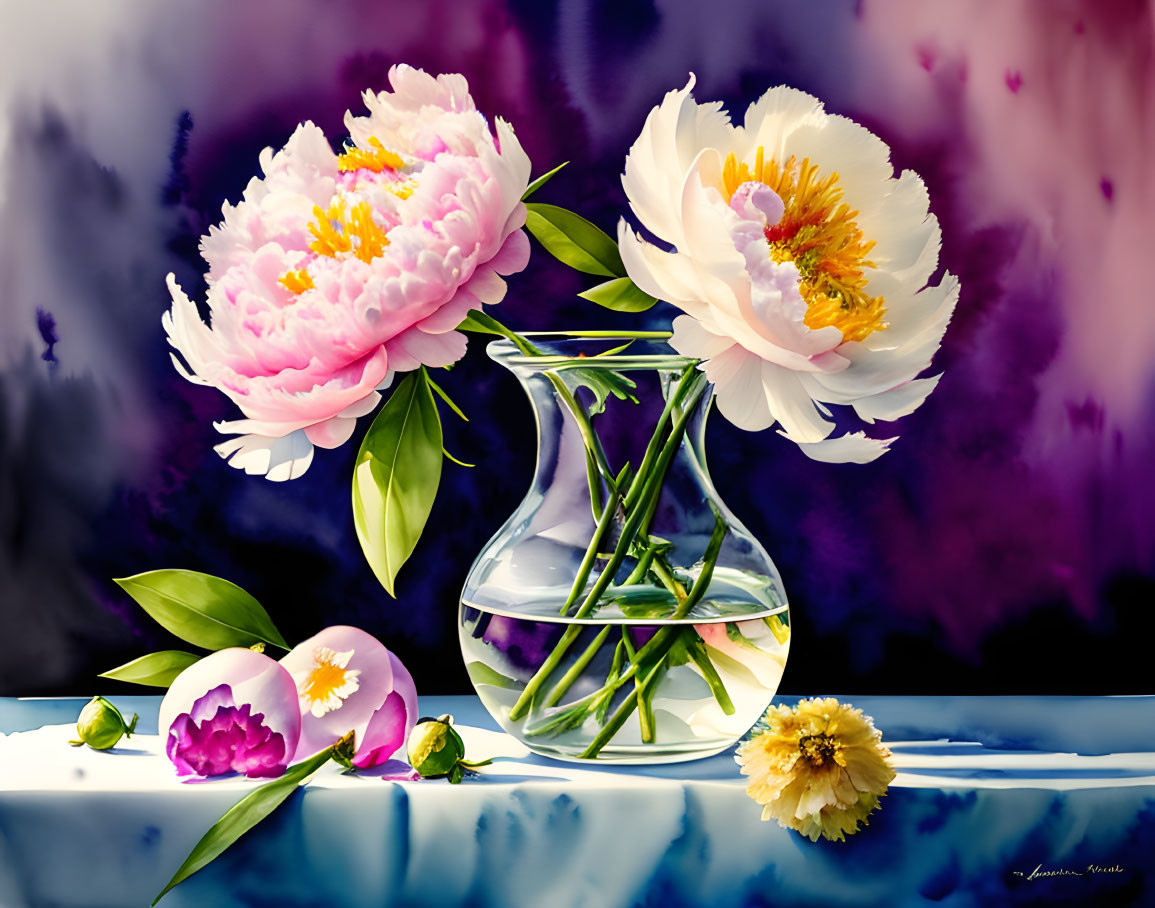 Colorful still life painting: blooming peonies in clear vase on purple background