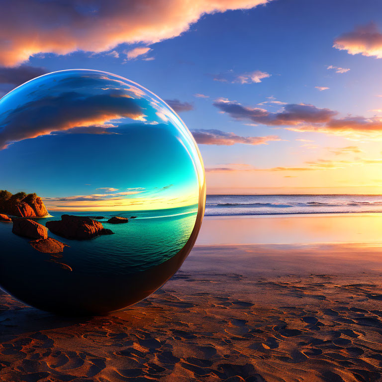 Reflective Sphere on Sandy Beach at Sunset Captures Vibrant Sky and Ocean