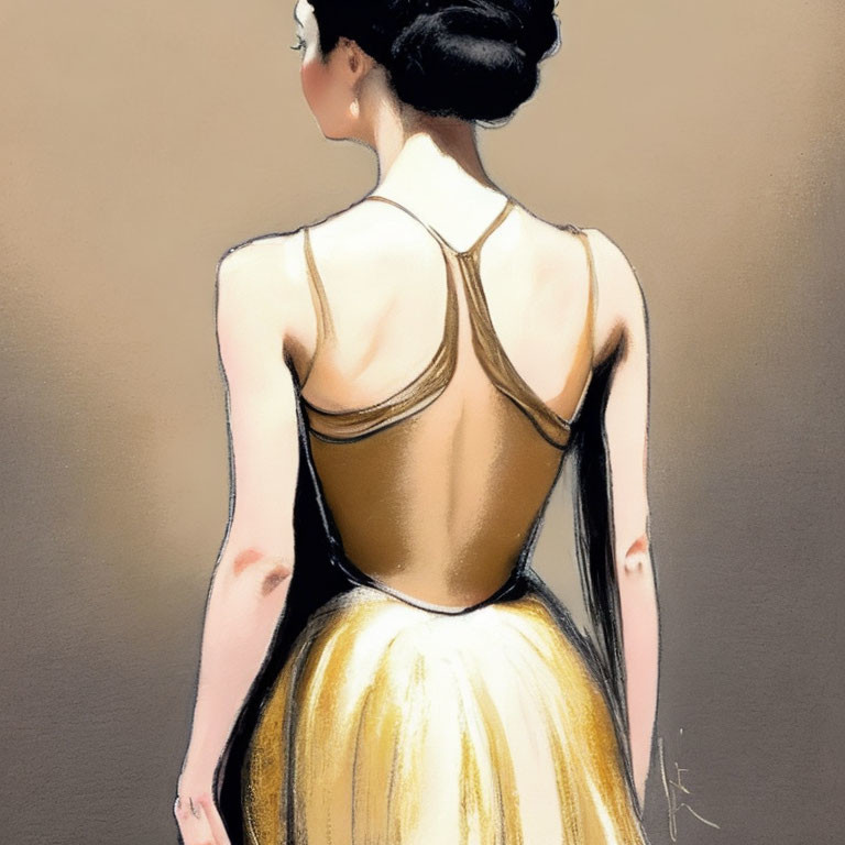 Woman in updo wearing gold and black ballet dress from back view