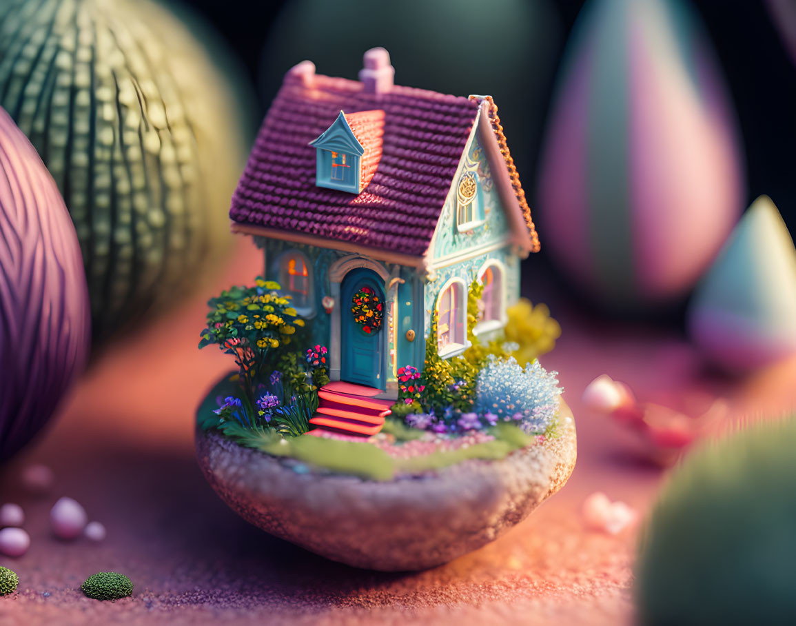 Colorful miniature house in half-shell with vibrant flowers and mossy textures