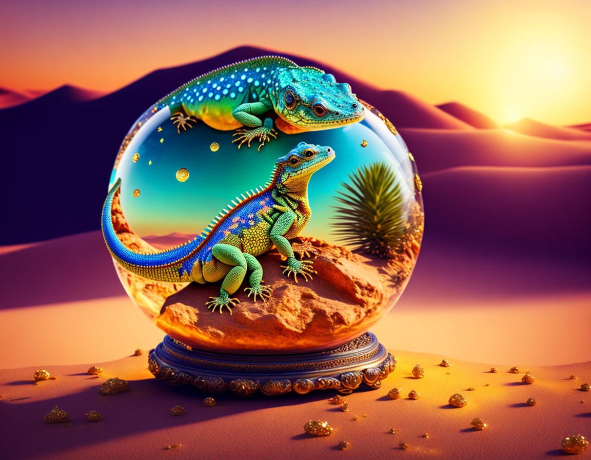 Surreal image of colorful lizards in crystal ball against desert backdrop