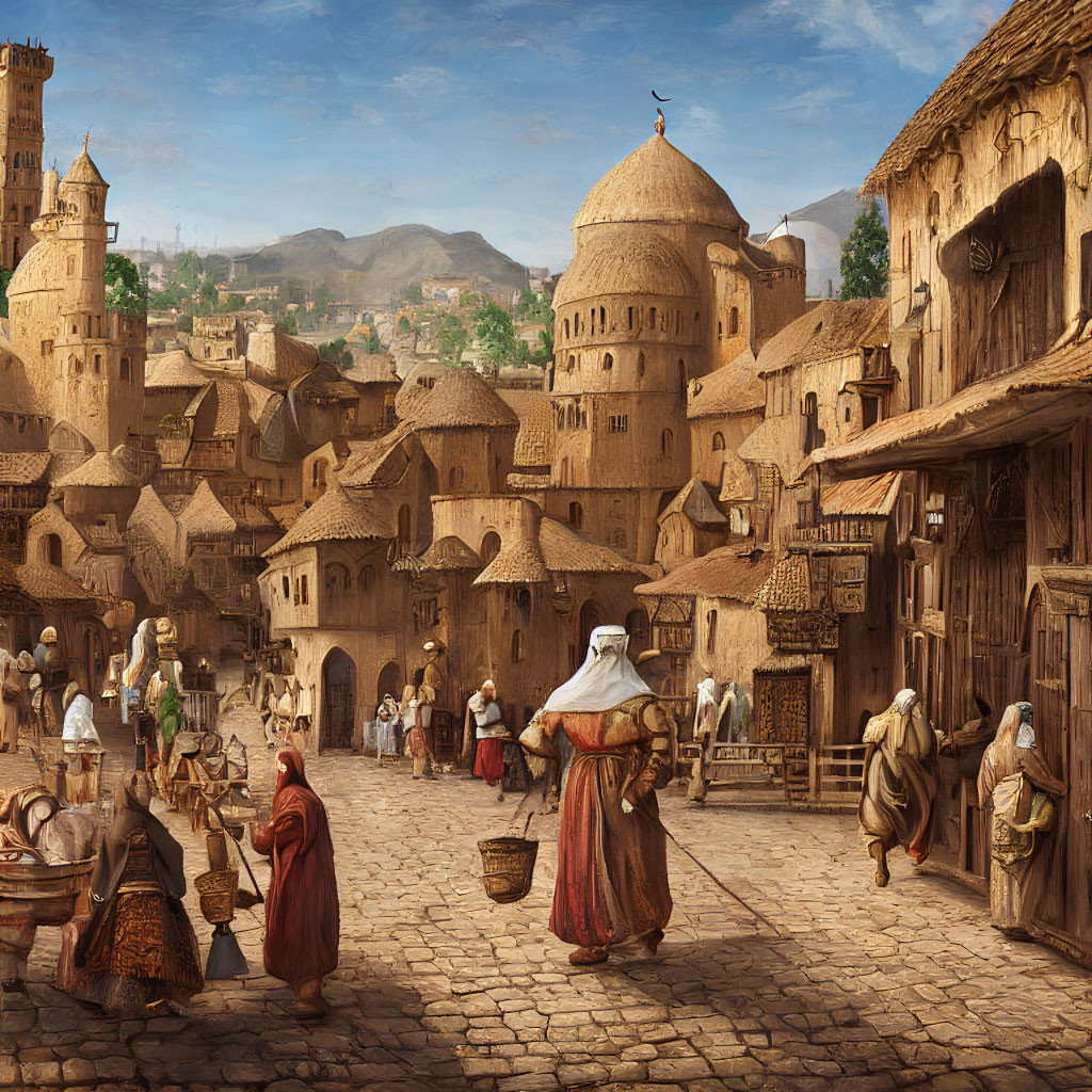 Traditional market scene in sunlit old-world town with ancient buildings and diverse stalls.