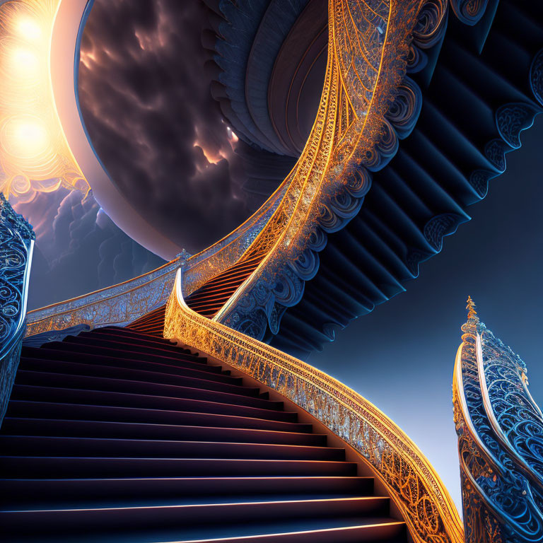 Ornate spiral staircases ascend towards celestial bodies amid dark clouds and bright light