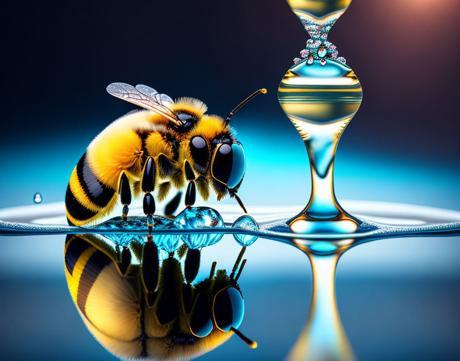 Close-up of bee on water surface with reflection and ripples