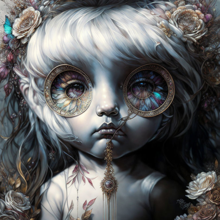 Fantasy character illustration with ornate clock face eyes and floral designs