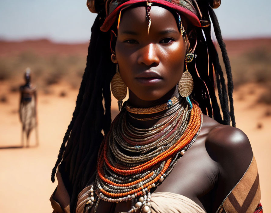 Traditional jewelry-clad woman with camel in desert landscape