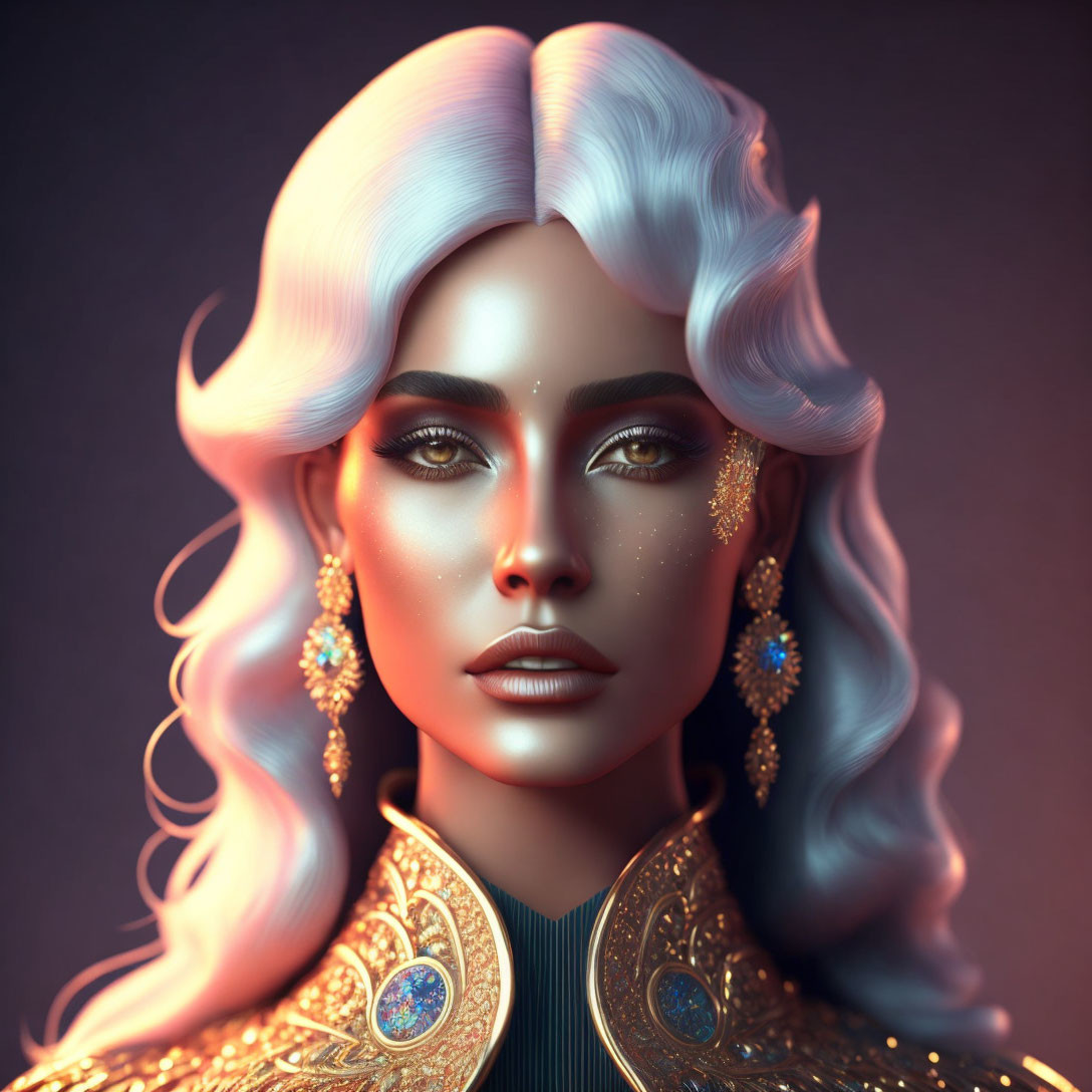 Woman with Silver Hair and Golden Makeup in 3D Illustration