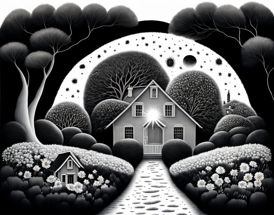 Monochrome illustration of quaint house surrounded by whimsical flora under starry sky